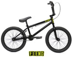 Side view of a black Fiend Type O 18 Inch Bike (2026) with yellow FIEND branding on the chromoly frame and a matching FIEND logo displayed below the bike.