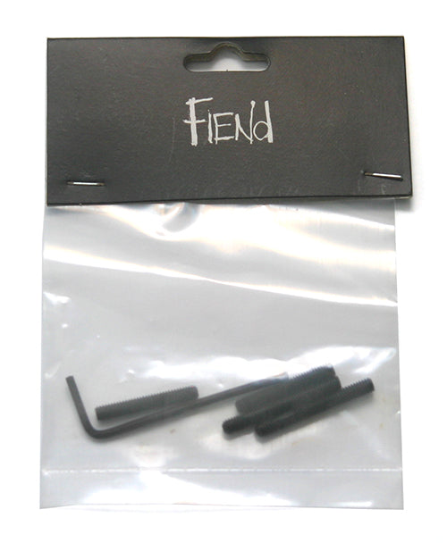 A clear plastic bag containing two replacement bolts and an L-shaped hex key, with a black cardboard label that reads "Fiend Frame Chain Tensioner Kit.