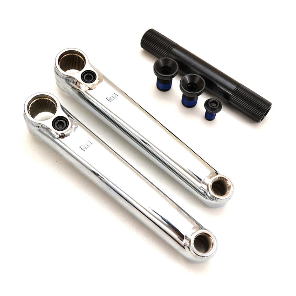 The Fiend Segment Cranks feature two chrome chromoly crank arms, a black spindle, and four black bolts with blue threadlocker, all displayed on a white background—premium BMX cranks designed for strength and style.