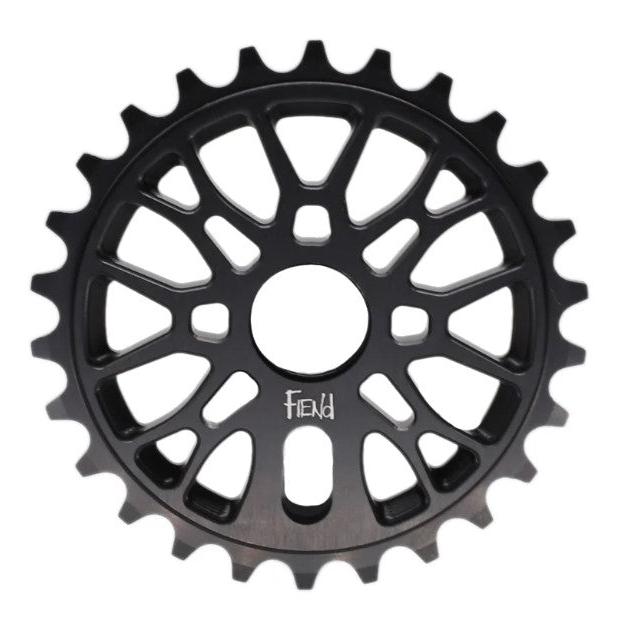 Fiend Omicron V2 Sprocket in black, featuring multiple cutouts and the “Fiend” logo near the center, displayed against a white background.