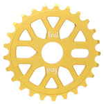 The Fiend Omicron Sprocket features a 25-tooth gold CNC-machined aluminum design with cut-out spokes and "FIEND" engraved twice at the center.