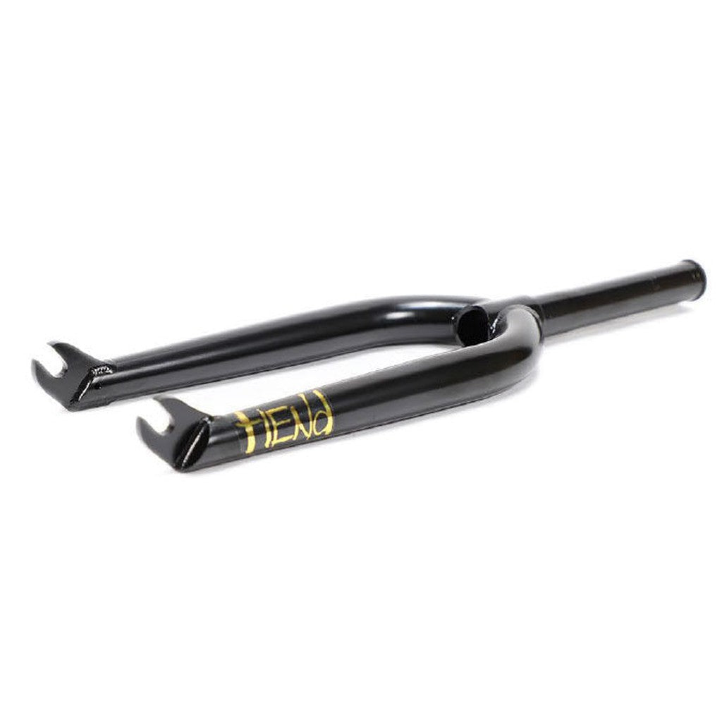 The Fiend Meta Forks feature durable heat-treated cromo tubing, a rigid drop-out design, and stylish gold text reading "FIEND" on one side in a sleek black finish. Combining robustness with aesthetic appeal, these forks are perfect for your BMX.