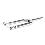 The Fiend Meta Forks, made from heat-treated chromoly tubing, feature a shiny silver finish, a rigid dropout design for secure wheel axle attachment, and an engraved logo near the crown.