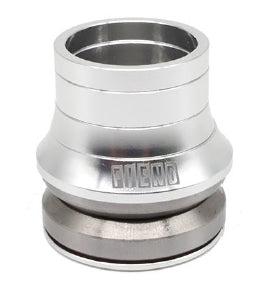Featuring a silver, cylindrical metal design with ridges and engraved text, the Fiend Ransom Headset is an integrated component commonly used in BMX setups.
