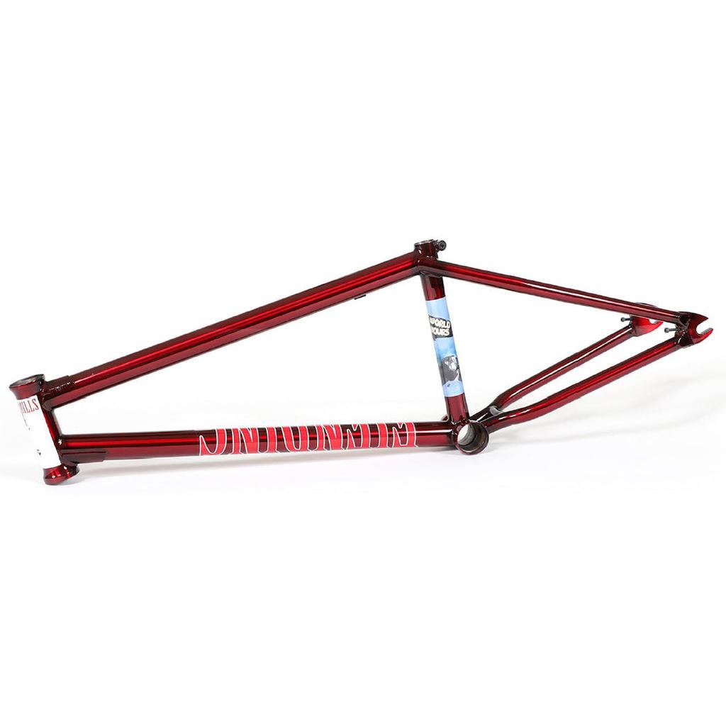 The Fiend Mills Frame is a red chromoly BMX frame with white and blue decals and integrated chain tensioners, shown against a white background.
