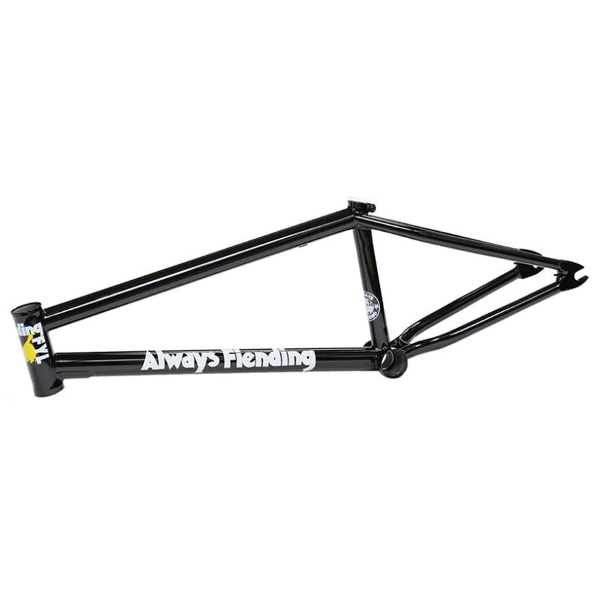 Fiend Reynolds V4 Frame (Garrett Reynolds Signature) in black, made from heat-treated 4130 chromoly, featuring bold white “Always Fiending” lettering on the main tube and yellow-and-white accents on the head tube.