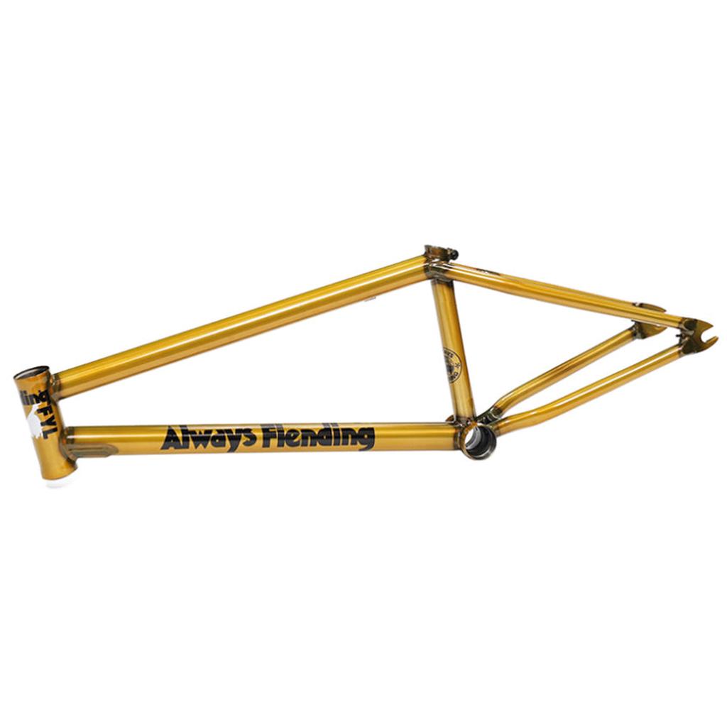 The Fiend Reynolds V4 Frame (Garrett Reynolds Signature) is a gold BMX bike frame constructed from heat-treated 4130 chromoly, featuring bold black “Always Fiending” lettering on the lower tube, displayed against a plain white background.
