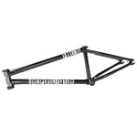 The Fiend Shapeshifter Frame (12.6 Inch Chain Stay) is a black BMX frame featuring "FRIEND" on the top tube, "SHAPESHIFTER" on the down tube, "NO NO NO NO" on the head tube, with a durable 4130 Chromoly build.