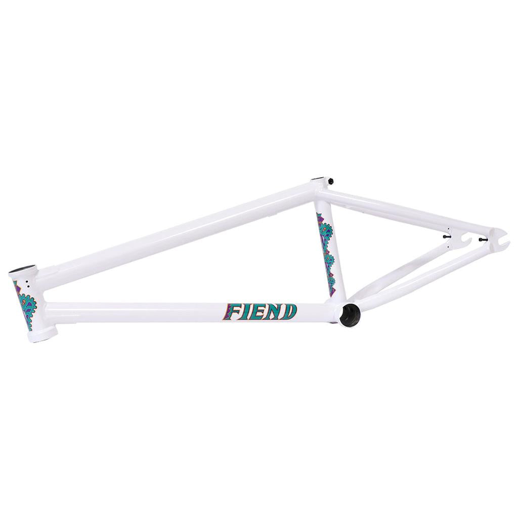The Fiend Shapeshifter Frame (13.2 Inch Chain Stay) features a white 4130 Chromoly build with colorful geometric decals and “FIEND” on the lower tube—ideal for your custom BMX setup.