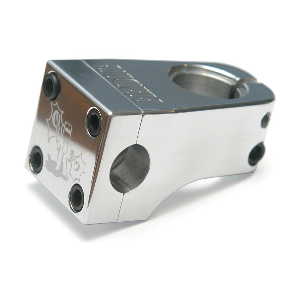 The Fiend Mills Front Load Stem is a polished CNC aluminum BMX stem featuring visible bolts and engraved graphics, designed to securely connect your handlebars to the steerer tube.