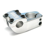 The Fiend Ransom Top Load Stem is a polished metal BMX stem with "FIEND" engraved on top, 48mm reach, four black hex bolts, and a clamp opening for handlebars.