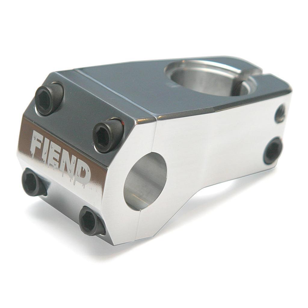 The Fiend Reynolds V4 Frontload Stem is a silver BMX stem with a 48mm reach and four black front plate bolts engraved with "FIEND.