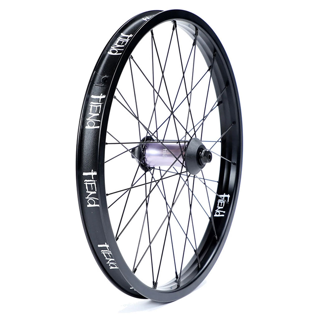 A black Fiend Cab Front Wheel with spokes and a branded nylon hub guards isolated on a white background.