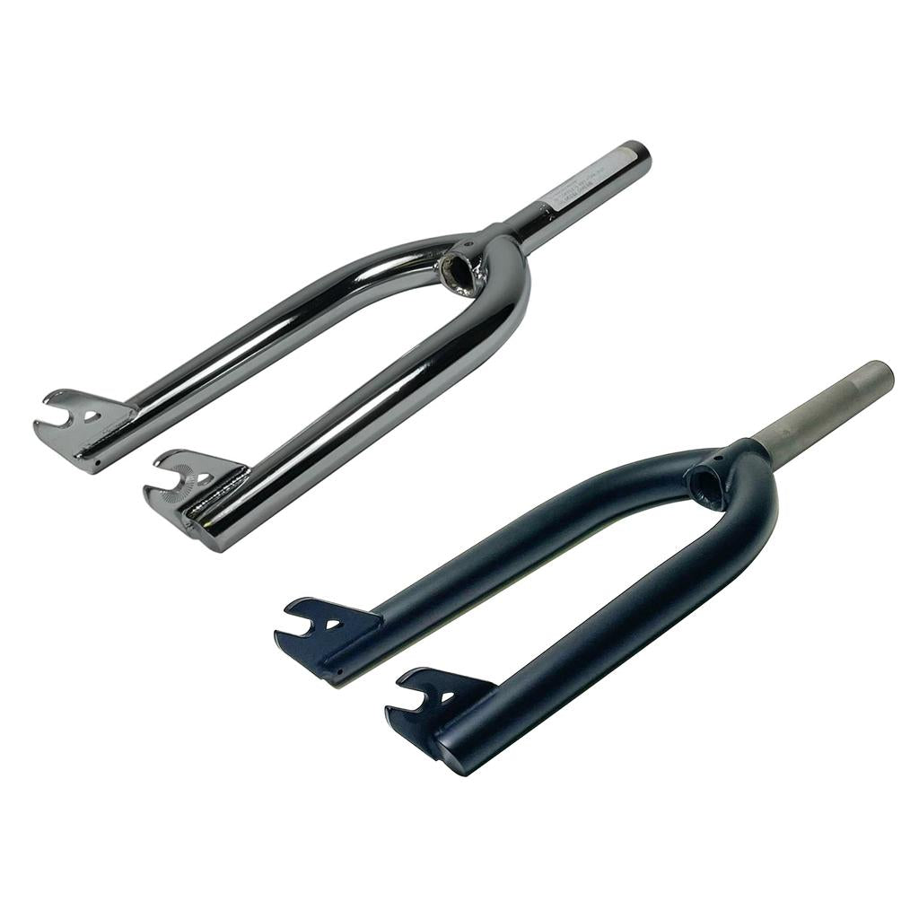 Two bicycle forks are shown on a plain background: an entry-level silver one with a glossy finish and a black chromoly fork with a matte look. Both have dropout slots for wheel attachment, ideal for beginners wanting style and performance. Model: Fit Bike Co OEM 20 Inch Fork.