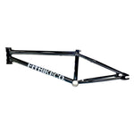The Fit Bike Co Squib 20 Inch Frame is a black, sturdy chromoly bicycle frame with white "FITBIKECO" branding on the main tube. It's designed with trails/transition geometry perfect for smaller riders and displayed on a pristine white background.
