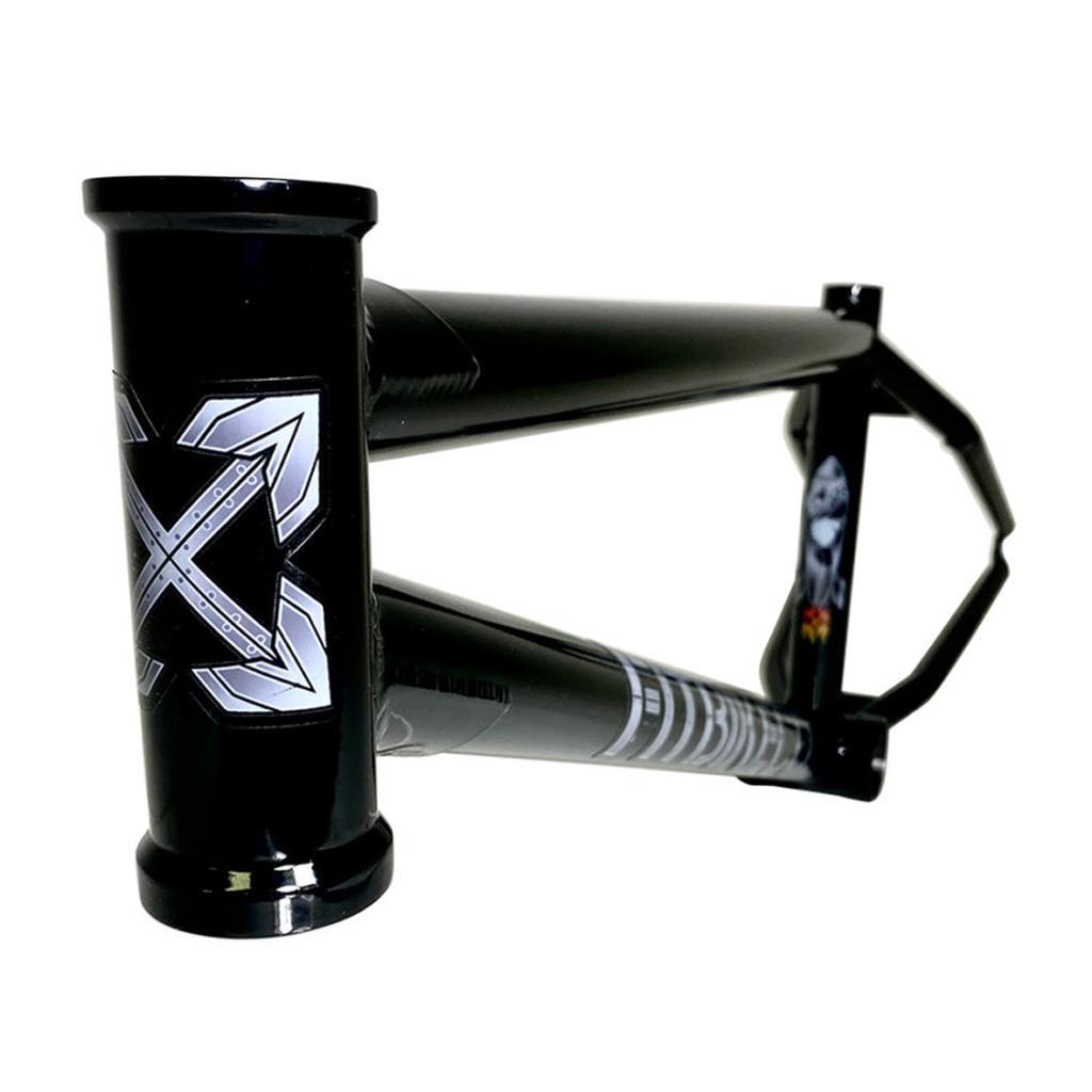 Close-up of the Fit Bike Co Squib 20" frame in black, made from chromoly steel with stylish silver geometric decals.