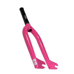 The Fit Blade V3 Forks, showcased on a white background, feature a pink finish with a black CNC'd steerer tube and a white logo near the dropouts, along with ample tire clearance.