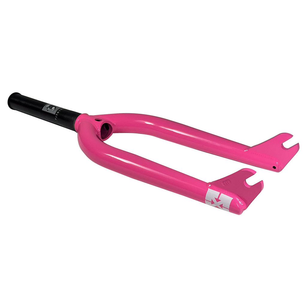 The Fit Blade V3 Forks, featuring a pink fork with a black CNC'd steerer tube and dropouts at the fork ends, boasts impressive tire clearance.