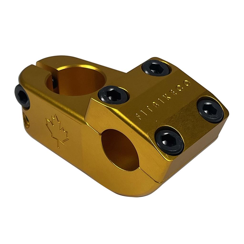 The Fit Hango Stem features a gold anodized finish, black bolts, maple leaf engraving, and “SIBMXCO” etching on top—designed for Classic Fit Bike BMX setups as the Jordan Hango Signature model.