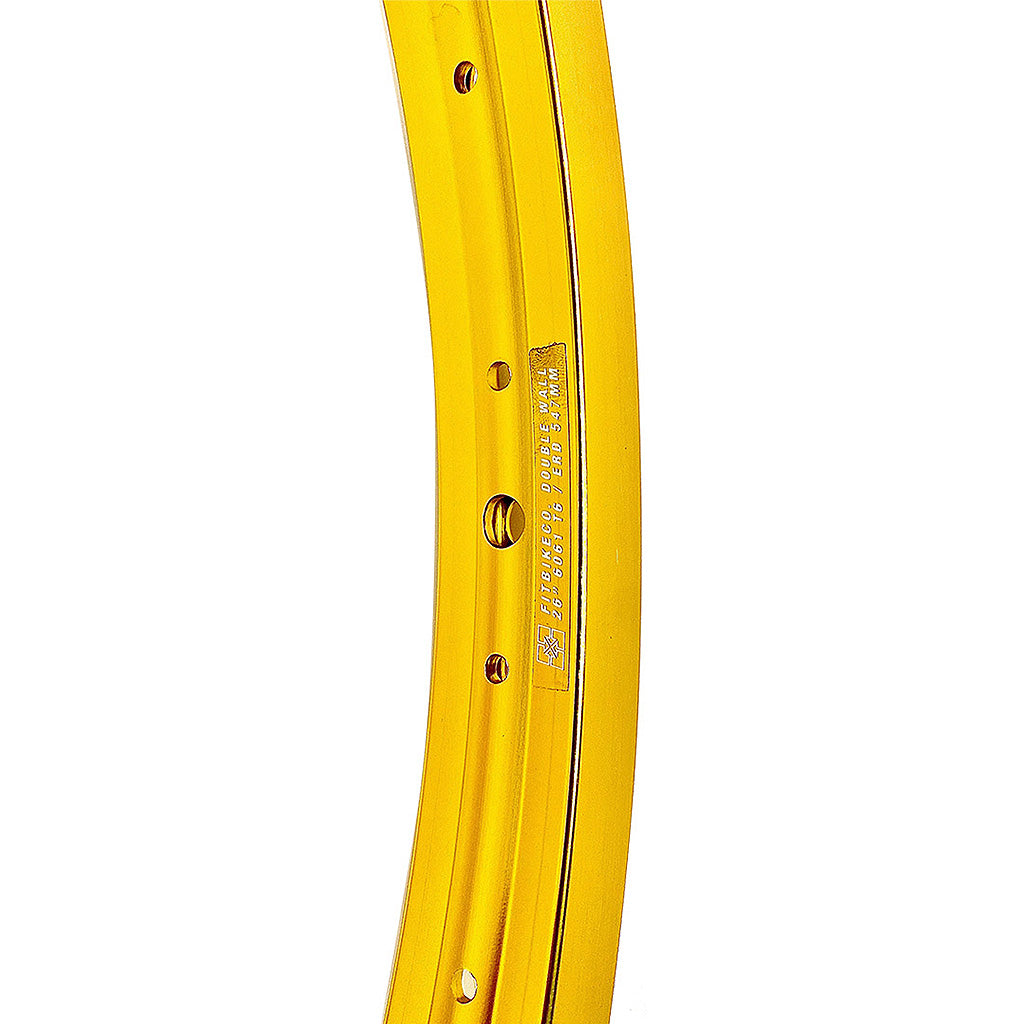 A yellow curved Fit 26 inch Rim.