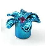 A blue metallic Flower Valve Cap with a pink center, resembling a flower and perfect as a decorative valve cap, sits elegantly on a white background.
