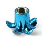 A blue Flower Valve Cap, featuring six internal threads, rests against a white background, echoing the precision found in Schrader valve caps.