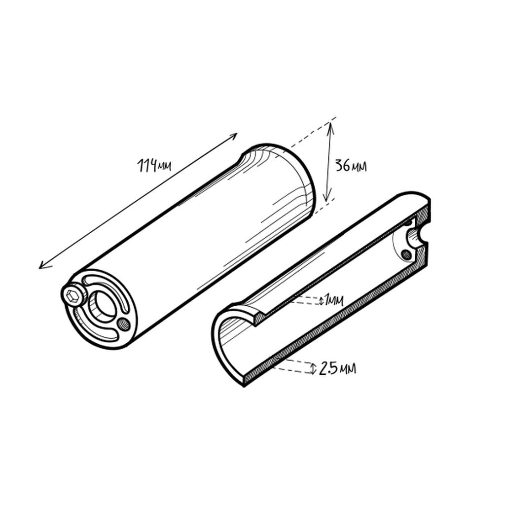 Technical drawing of the Fly Bikes Acero TR Peg (Each), a CNC Machined 4140 Cr-Mo cylinder featuring a cutaway view, with dimensions of 114mm length, 36mm height, and thicknesses of 7mm and 2.5mm. Ideal for precision in grinding areas.