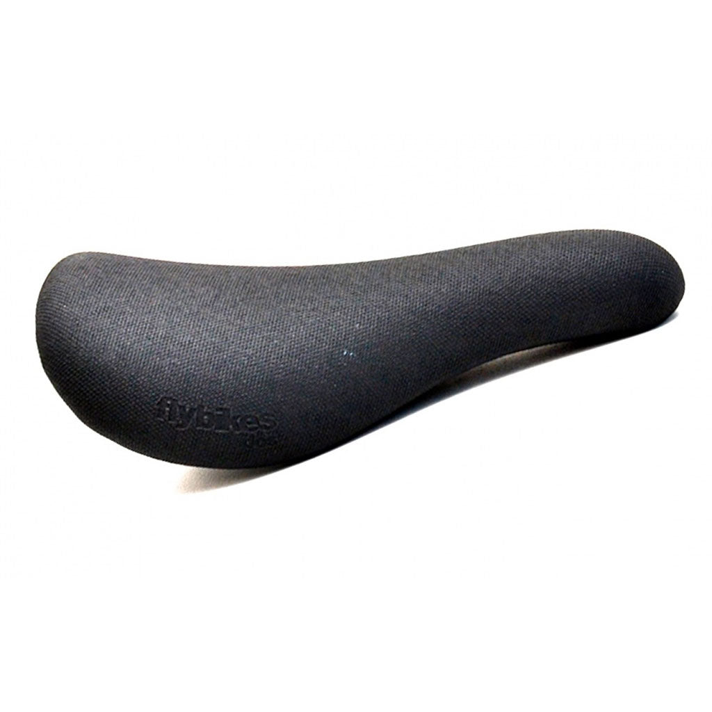 Fly Bikes Dos PC Tripod Seat (NOS) showcases a black textured fabric cover, the iconic "Fly Bikes" logo on the side, and a lightweight plastic base for enhanced performance. Pictured against a white background.