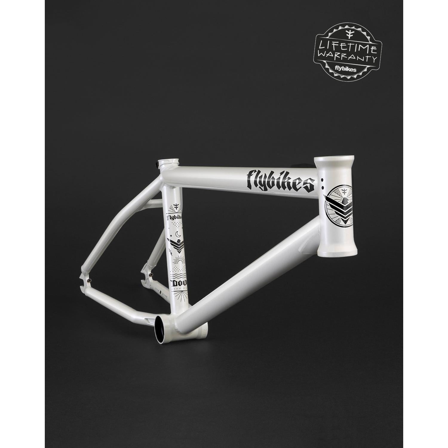The Fly Bikes Dove 13.6 Frame (Josh Dove Signature) BMX, in white with striking graphics, is ideal for transition riding and features a "Lifetime Warranty" text on a dark background.