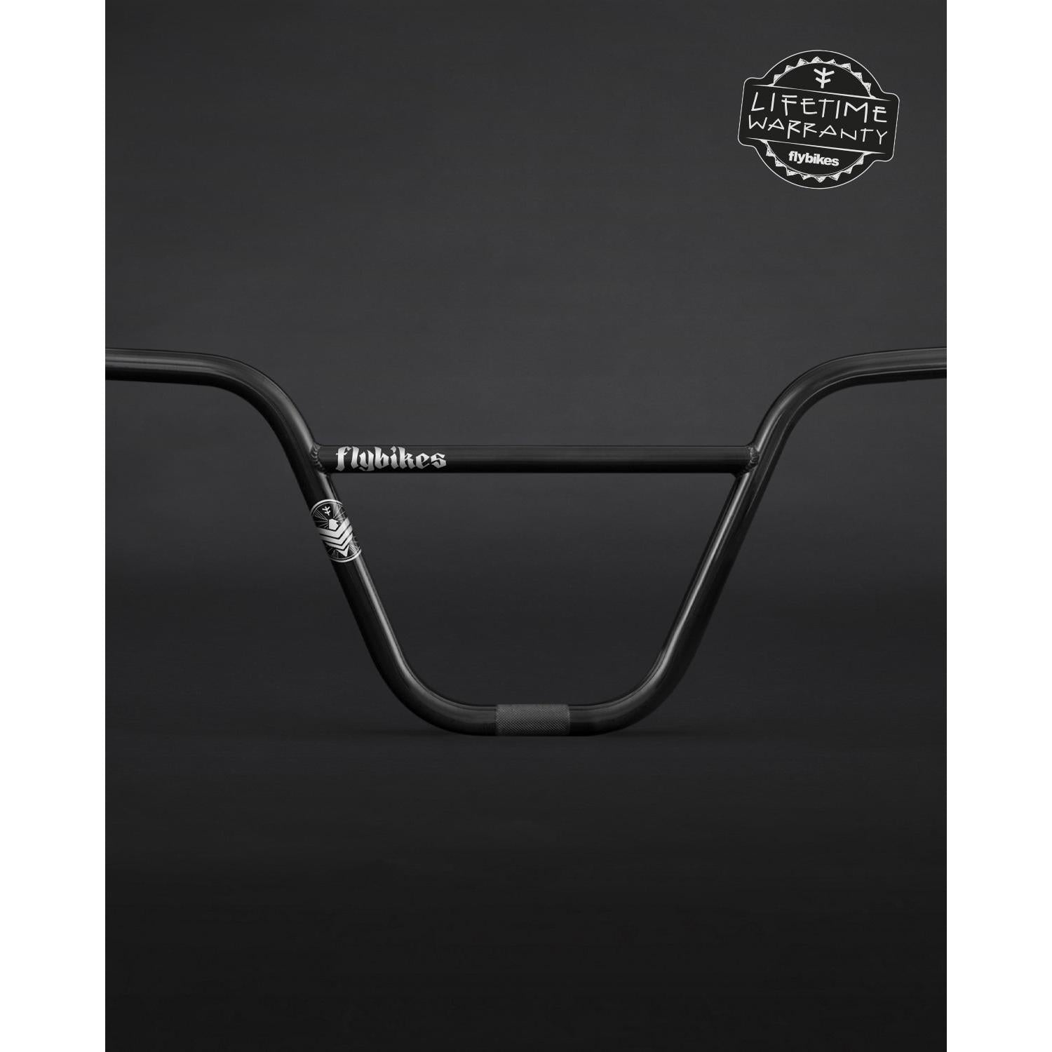Black Fly Bikes Dove BMX handlebars on a dark backdrop, made from multi-butted 4130 CrMo, with a Lifetime Warranty badge in the top right corner.