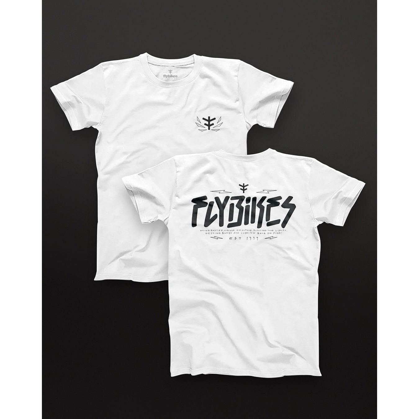 Two white organic cotton T-shirts from Fly Bikes Faster. One has a small logo on the front, and the other features "FLYJIKES" in bold text with graphic elements on the back. These GOTS certified shirts exemplify sustainable clothing against a dark background.