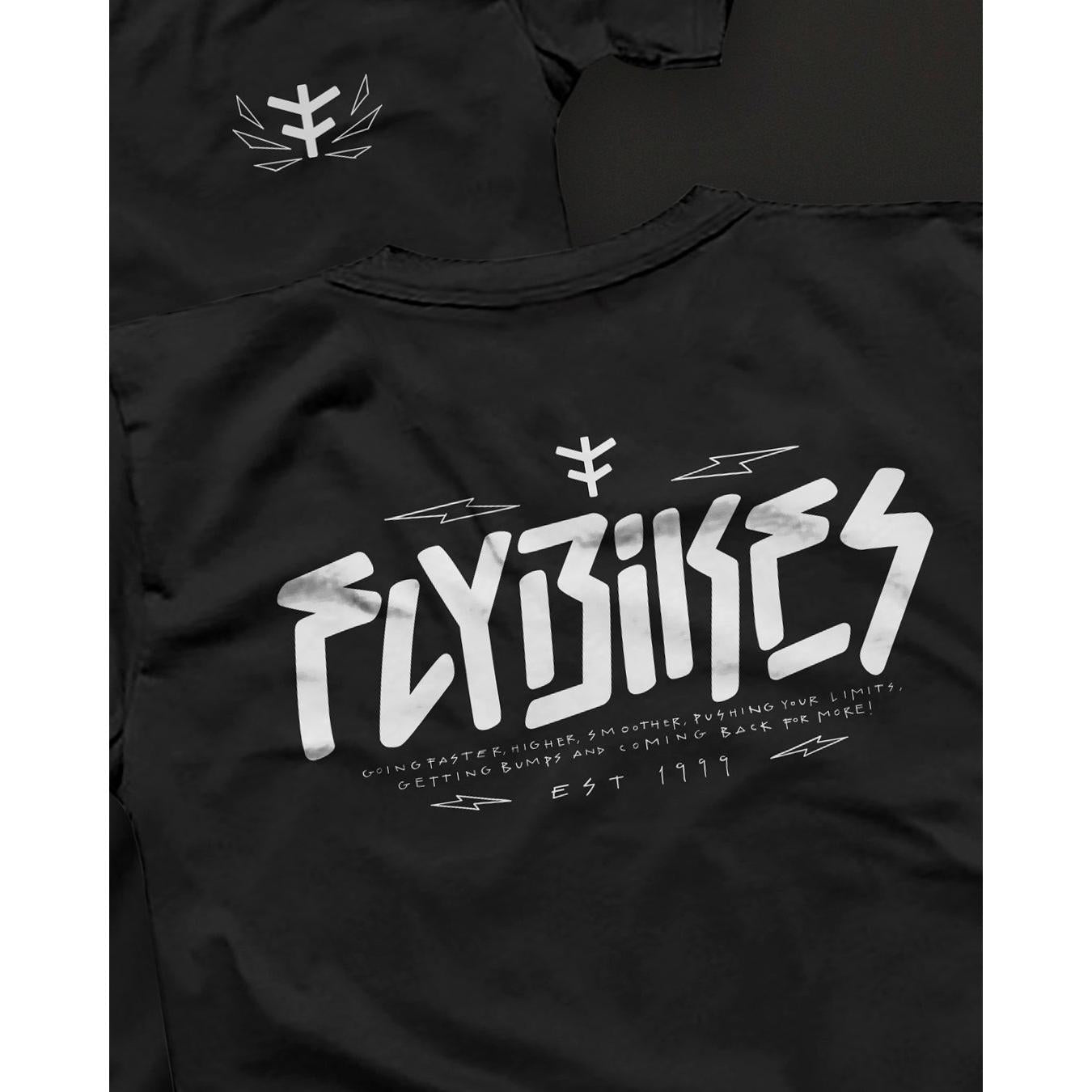 The Fly Bikes Faster T-Shirt is a black organic cotton tee with a white, stylized "Flybikes" logo and text featuring abstract design elements. Established in 1999, this GOTS certified garment promotes sustainable clothing values.