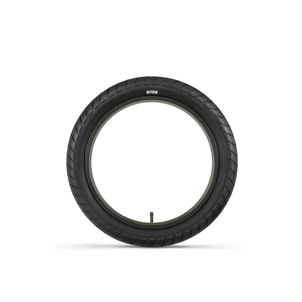 The Fly Bikes Fuego 18 Inch Tyre STD is shown against a plain white background, highlighting its visible valve and sidewall protection.
