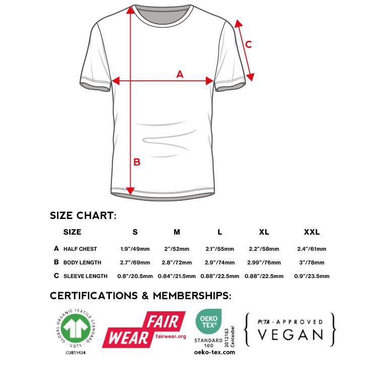 Size chart for the Fly Bikes Grave T-Shirt in white, crafted from heavyweight organic cotton, shows half chest, body length, and sleeve length dimensions for sizes S to XXL. It's GOTS certified and holds Fair Wear, Oeko-Tex, and PETA-Approved Vegan certifications.