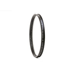 A round, silver hoop stands upright against a white background, adorned with small decorative symbols reminiscent of the Fly Bikes Lunar Lite Rim design.