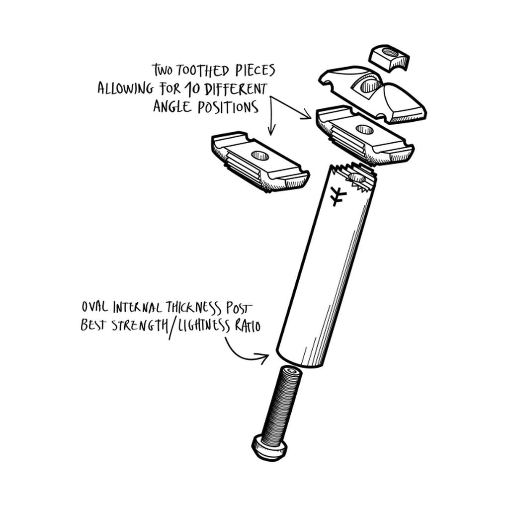 The Fly Bikes Motosierra Railed Seat Post features a multi-angle adjustable design with toothed sections, offering 10 position options. It includes an oval internal thickness CNC machined from 6061-T6 aluminum for an excellent strength-to-weight ratio.