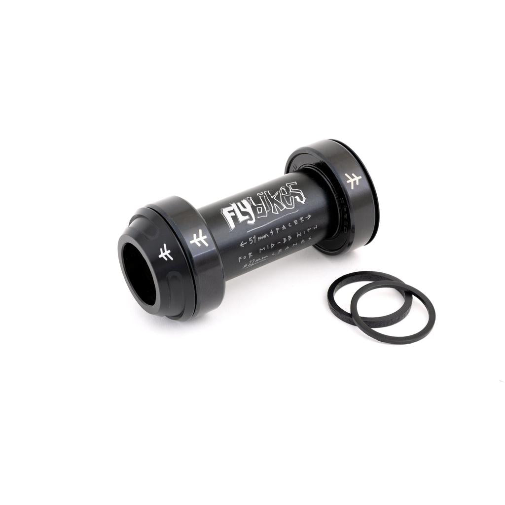 The Fly Bikes Rotar BB is a sleek bottom bracket crafted from CNC-machined aluminum, featuring black rubber rings on a pristine white background.