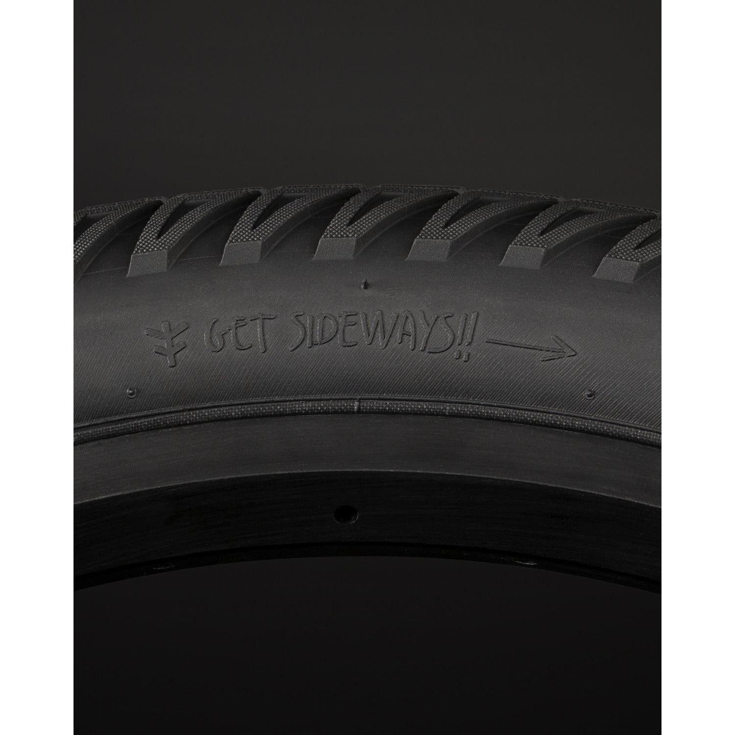 Close-up of a Fly Bikes Ruben Tyre Ligera (Foldable) with "GET SIDEWAYS!!" on the sidewall, highlighting HPPR technology and Kevlar folding for ultimate durability.