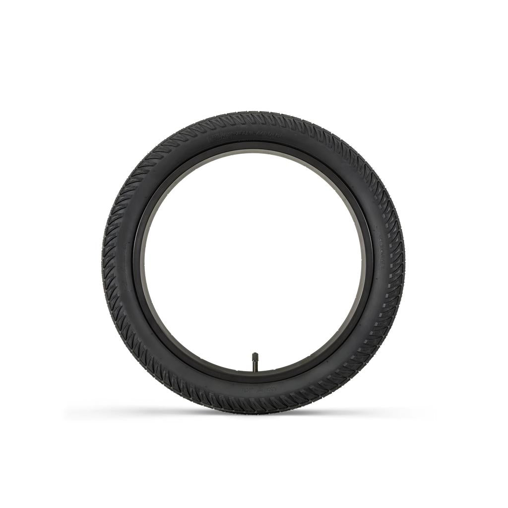 A black Fly Bikes Ruben Tyre Ligera (Foldable) rests upright against a pristine white background, showcasing its Kevlar folding construction.