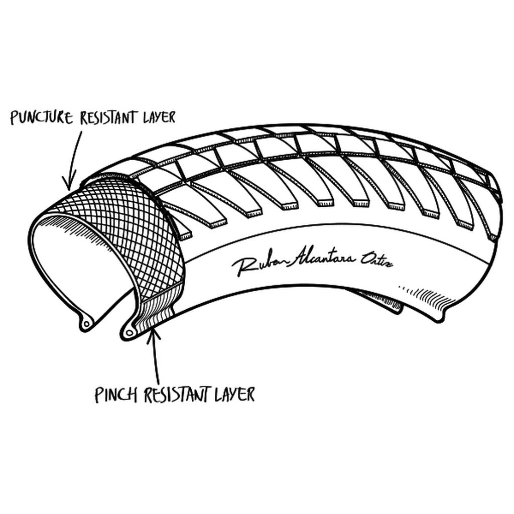 Illustration of the Fly Bikes Ruben Tyre STD, highlighting its advanced internal structure with labeled puncture and pinch-resistant layers, capable of withstanding up to 110 PSI.