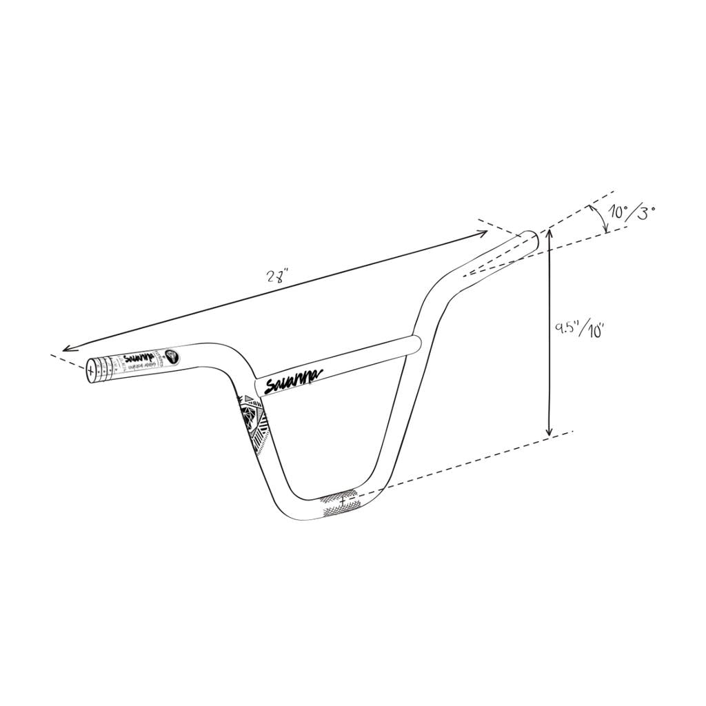 Explore the Fly Bikes Savanna Bars BMX handlebar diagram, highlighting exact dimensions: 23" width, 10" rise, 3° back sweep, and a 9.5° up sweep. Made from tough 4130 CrMo for superior durability.