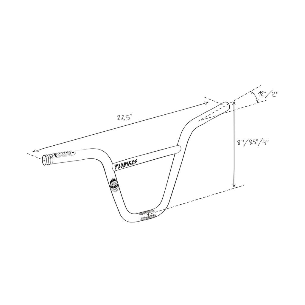 Line drawing of the Fly Bikes Sierra Bars crafted from 4130 CrMo with multi-butted technology, measuring 12" wide with height options of 8", 8.5", or 9" and a backsweep angle of 2.5°. Features Sergio Layos signature "Flybikes" branding.