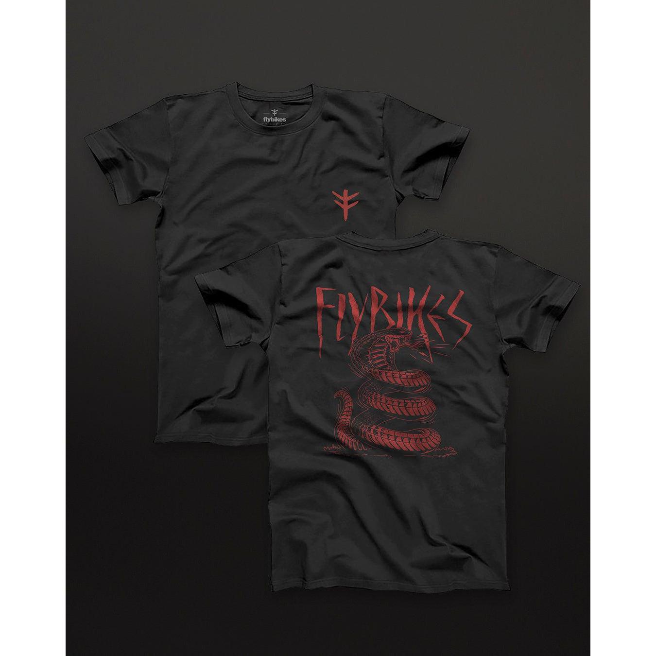 Front and back view of Fly Bikes Snake T-Shirt in black organic cotton. The front shows a small red emblem on the chest, while the back boasts a bold red snake design with "FURIOUS" in a stylized font, reflecting sustainable choices and GOTS certification.