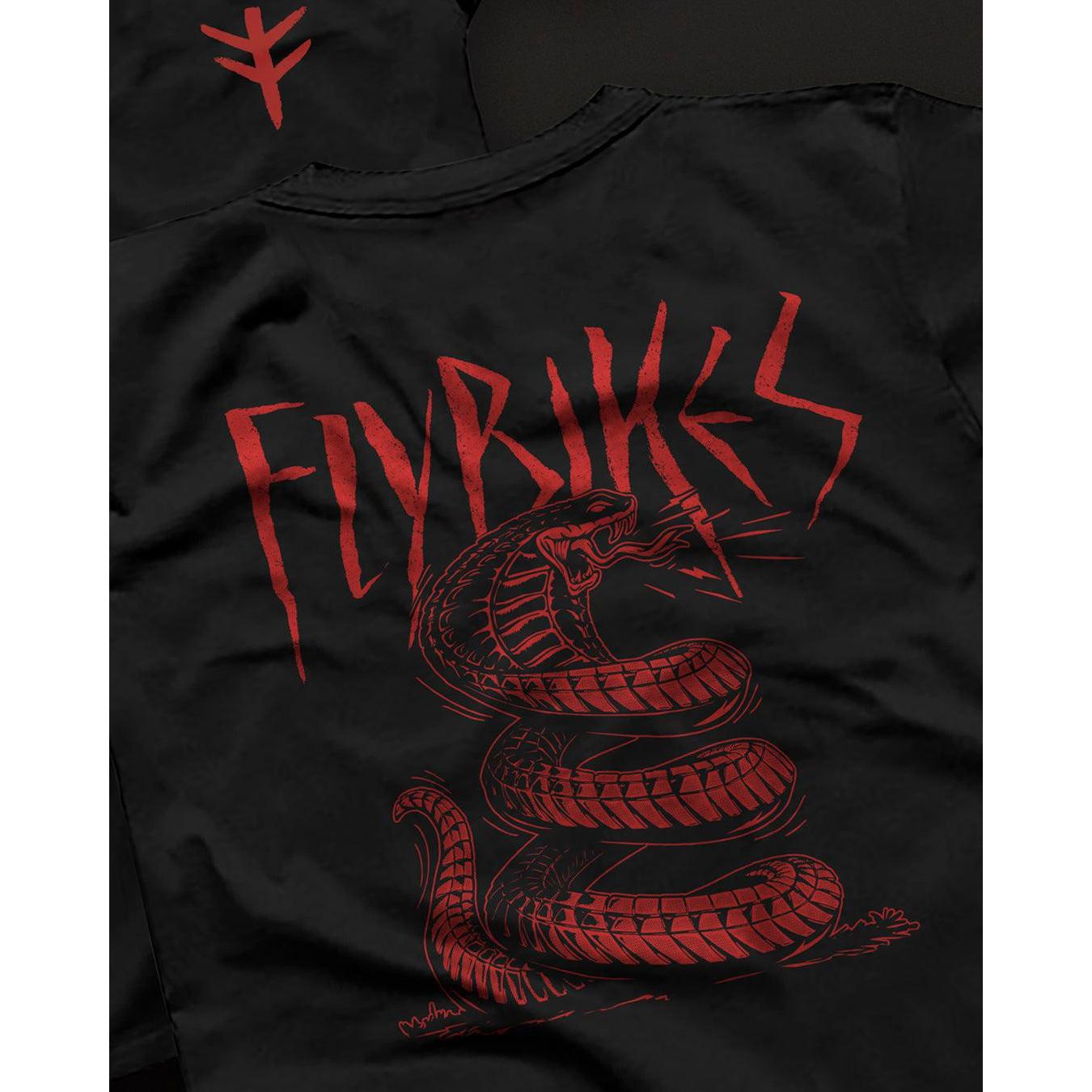 The Fly Bikes Snake T-Shirt is a sustainable black shirt crafted from organic cotton, showcasing a red graphic of a coiled snake with "FLYBIKES" in stylized letters above.