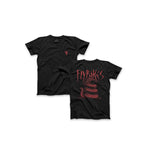 The "Fly Bikes Snake T-Shirt" features two black, organic cotton tees adorned with a red design: a small front logo and a stylized snake with "Fly Bikes" text on the back, offering an eco-friendly and stylish choice.