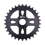 The Fly Bikes Spacer Sprocket is a stylish and durable black 25-tooth bicycle sprocket crafted from CNC machined high-quality 6061 alloy, featuring a central hub with the Flybikes graphic print.