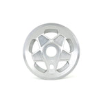 The Fly Bikes Tractor Guard Sprocket is a sleek silver wheel rim, crafted from 6061 Aluminum, featuring a circular design with five distinct cutouts and a central hub.