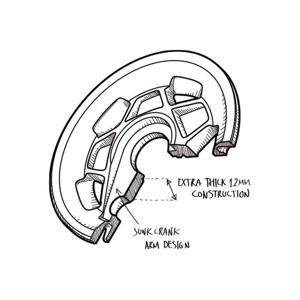 Sketch of the Fly Bikes Tractor Guard Sprocket highlighting its circular design with labeled features, including a sunk crank arm and robust 12mm construction. Made from 6061 Aluminum, the CNC machining ensures durability and reliable performance in demanding conditions.