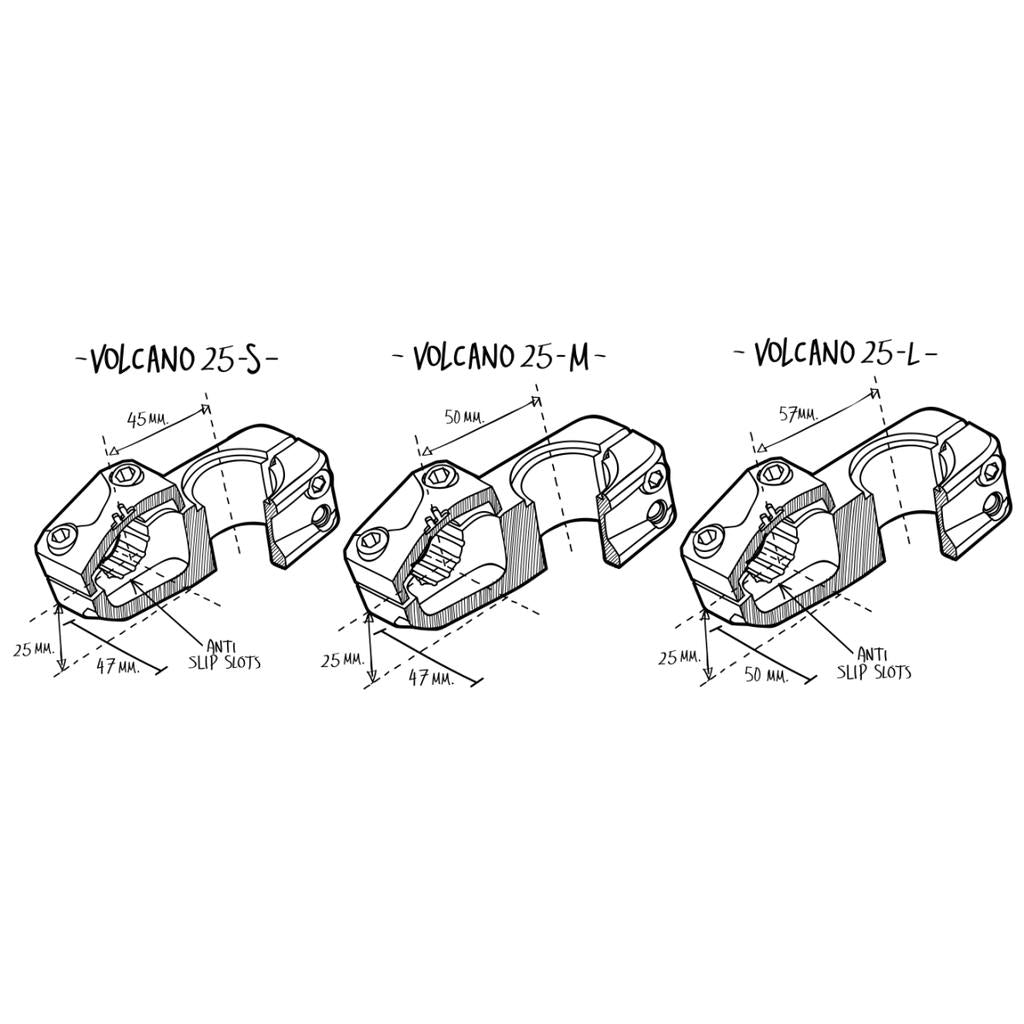 Illustration of three CNC machined mechanical parts, labeled Fly Bikes Volcano 25 Stem (S), Volcano 25-M, and Volcano 25-L. Crafted from durable 6061-T6 aluminum, these components feature precise measurements and anti-slip slots for the perfect fit.