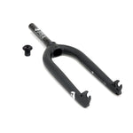 A Fly Bikes Volcano Forks in sleek black, designed for optimal tire clearance, with a small separate component, rests on a pristine white background.